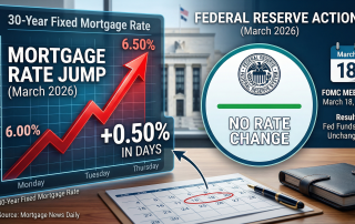 Mortgage rate chart showing 30-year fixed rising from 6.29% to 6.50% in March 2026 with Fed policy context.